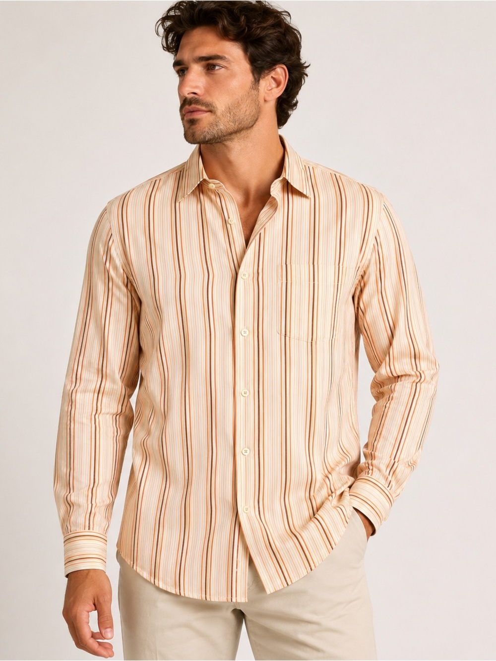 Tommy Bahama 100% Silk Stripe Button Front Dress Shirt Men's Large Orange Cream